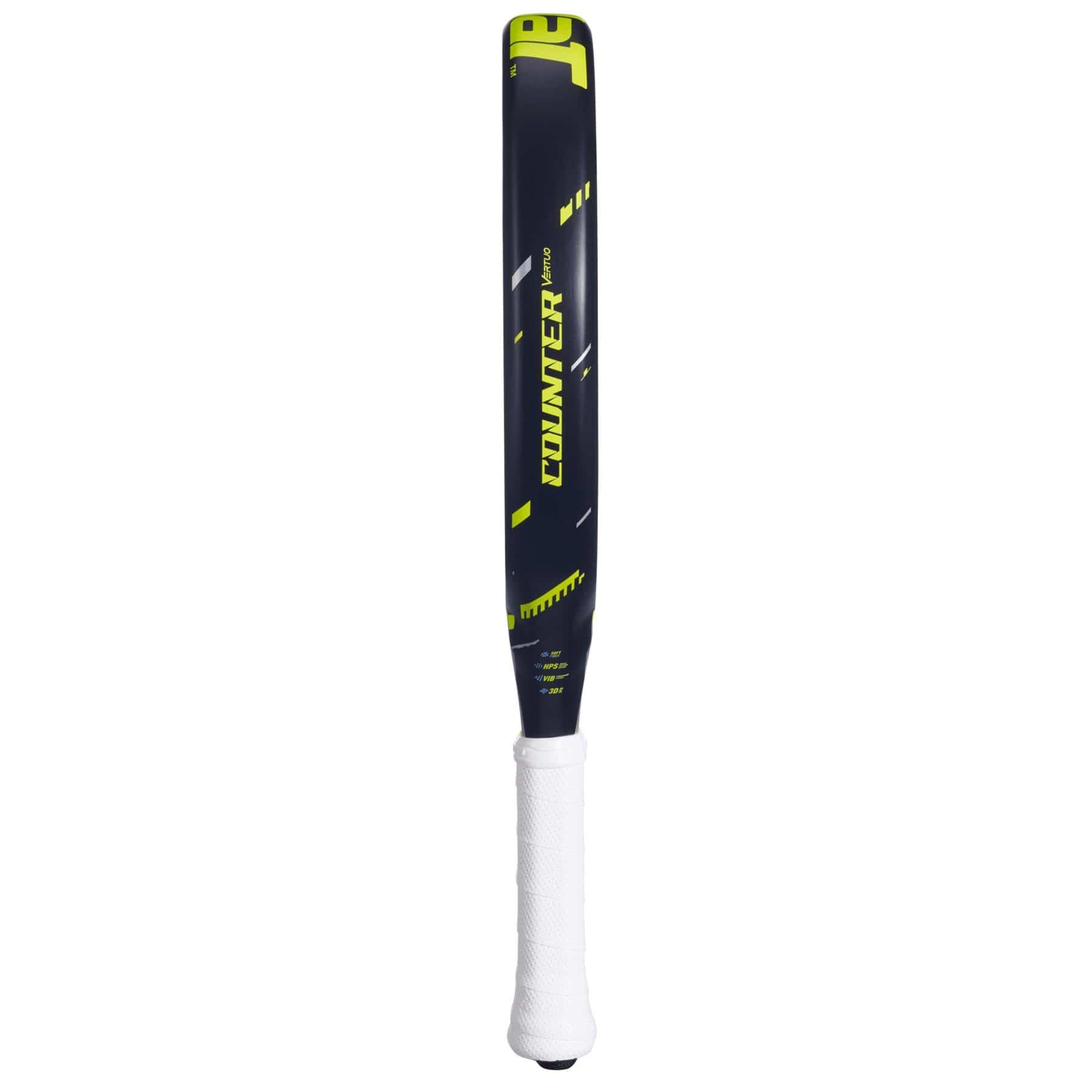 A black cricket bat with neon yellow accents, "COUNTER" branding, and a white grip, inspired by the Babolat Counter Vertuo 2.5 Padel Racket from Babolat.