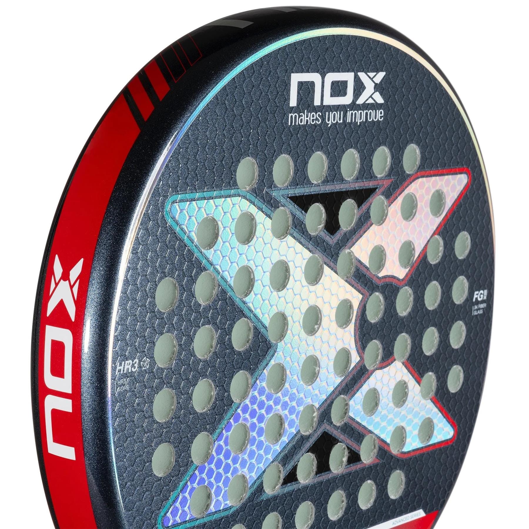 Close-up of a NOX Equation Light W Advance Series Padel Racket for intermediate players, with a red edge, large iridescent "X" design and circular holes. The brand slogan "makes you improve" appears at the top.