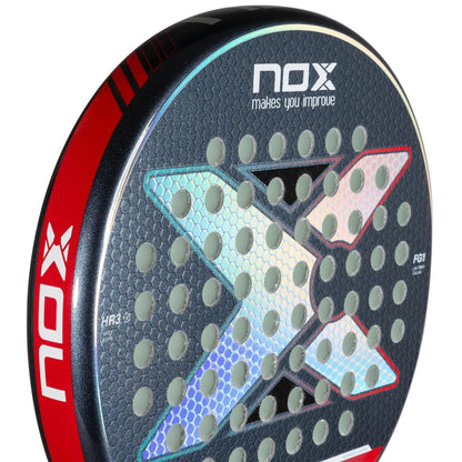 Close-up of a NOX Equation Light W Advance Series Padel Racket for intermediate players, with a red edge, large iridescent "X" design and circular holes. The brand slogan "makes you improve" appears at the top.
