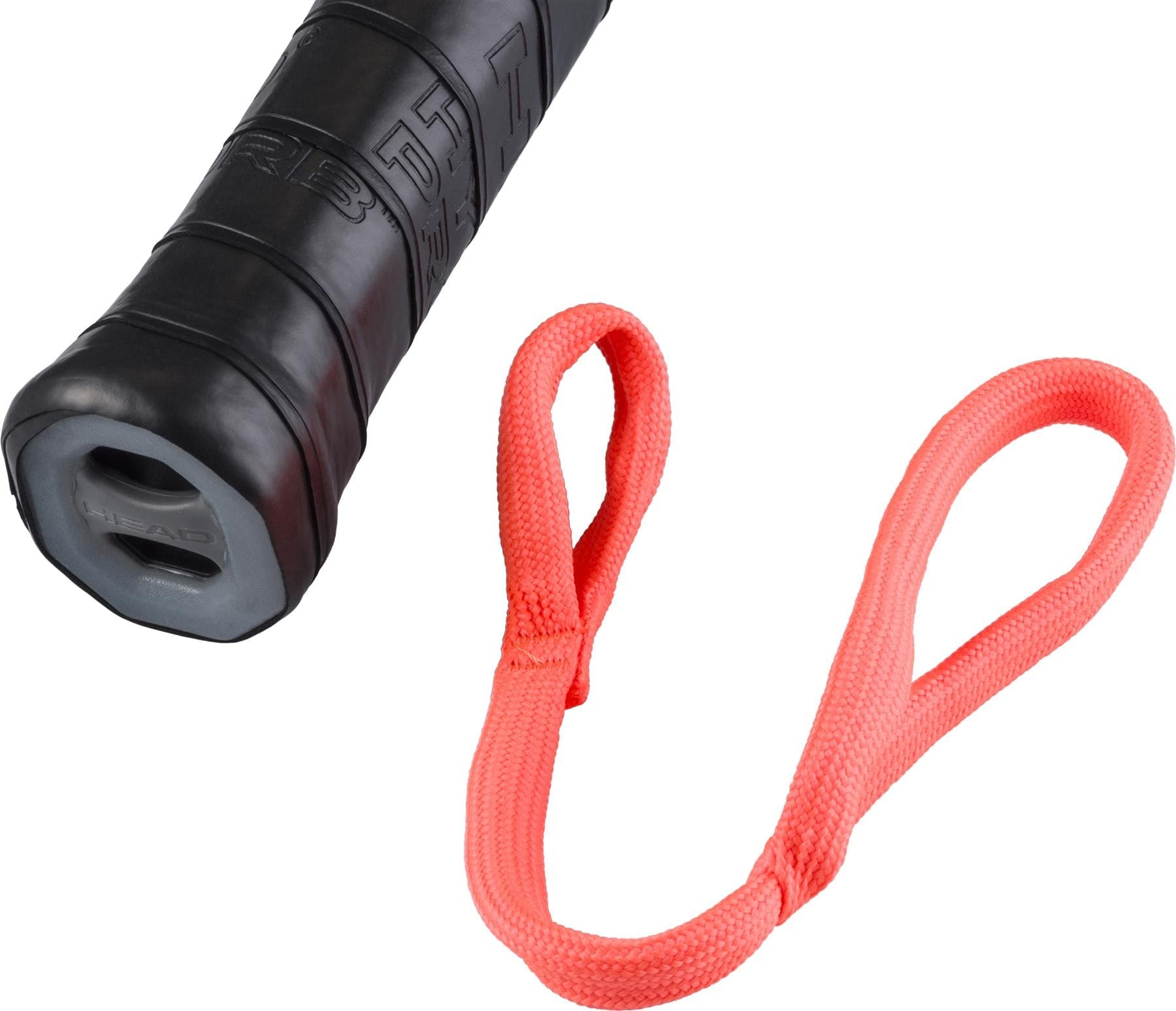Close-up of a black, textured handle from the HEAD Radical Team 2026 Padel Racket by HEAD, shown with a bright orange looped wrist strap—perfect for intermediate to advanced players.