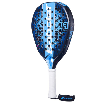 The Babolat Air Vertuo 2.5 Padel Racket features a blue and black design, white grip, honeycomb-patterned holes, and a black Babolat wrist strap—combining style and lightweight performance for optimal play.