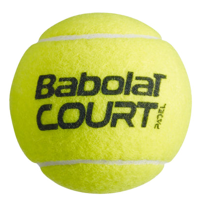 Babolat's Court X3 Padel Balls, sold in a tube containing three bright yellow balls, are endorsed by the International Padel Federation. They showcase bold black lettering and striking white seams. These balls have a fresh appearance and maintain the fluffy texture characteristic of newly manufactured padel balls.