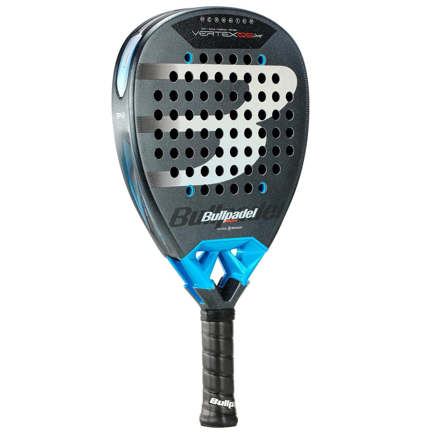 The Bullpadel Vertex 05 Comfort 2026 padel racket features a black and blue design, durable Fibrix fibre, a perforated surface, large "B" logo, and a black handle with grip tape.