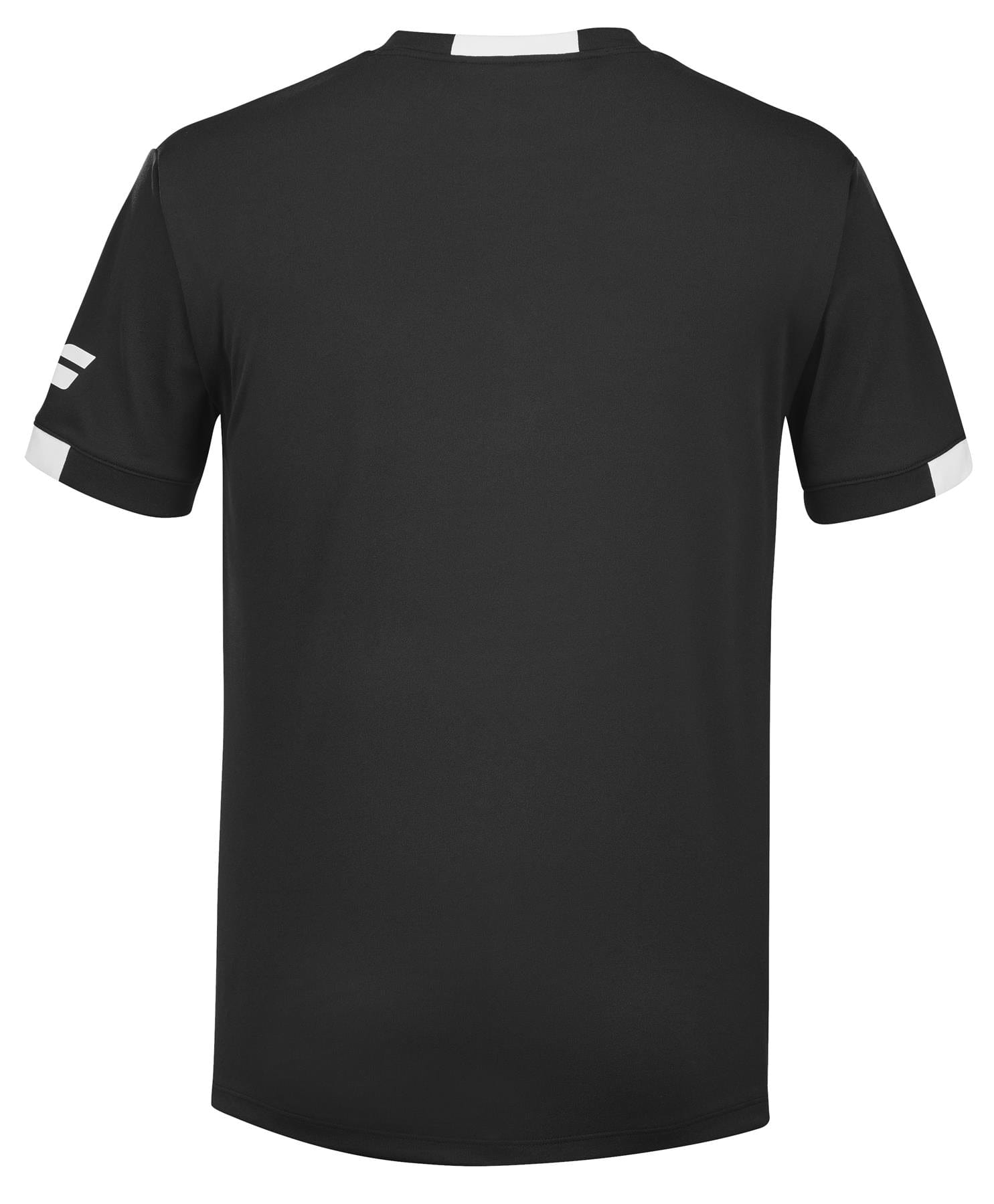 The image displays the back view of the Babolat Play Men's Crew Neck Padel T-Shirt in black, featuring short sleeves with white trim on the cuffs and a small white rectangular detail at the back of the neckline. This shirt is crafted from Fiber Dry material to provide enhanced comfort.