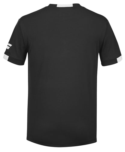 The image displays the back view of the Babolat Play Men's Crew Neck Padel T-Shirt in black, featuring short sleeves with white trim on the cuffs and a small white rectangular detail at the back of the neckline. This shirt is crafted from Fiber Dry material to provide enhanced comfort.