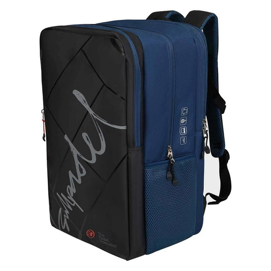 The Bullpadel BPM26008 IONIC Padel Backpack in black features mesh side pockets, padded straps, and "Gallardo" script on the front. Branded icons and zippers on the side make it an ideal padel backpack from Bullpadel.