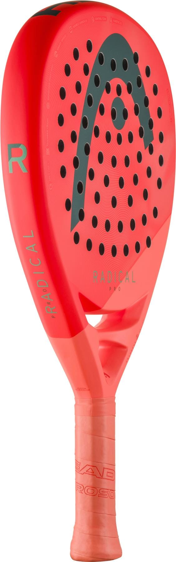 The HEAD Radical Pro 2026 Padel Racket features a bright red design with black perforated holes, a large grey logo, "RADICAL" text on the neck, and a matching red grip for advanced control and precision.