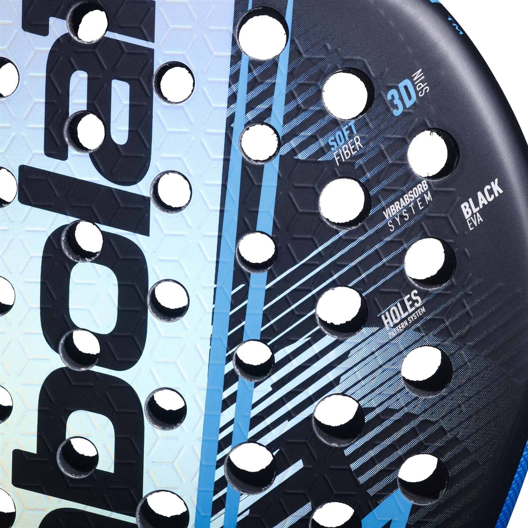 Close-up of the Babolat Air Vertuo 2.6 Padel Racket by Babolat, made from lightweight fibreglass with circular holes and printed features: "Soft Fiber," "3D Spin," "Vibrabsorb System," "Black EVA," and "Holes Pattern System.
