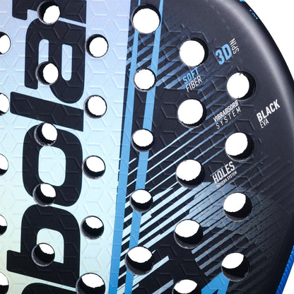 Close-up of the Babolat Air Vertuo 2.6 Padel Racket by Babolat, made from lightweight fibreglass with circular holes and printed features: "Soft Fiber," "3D Spin," "Vibrabsorb System," "Black EVA," and "Holes Pattern System.