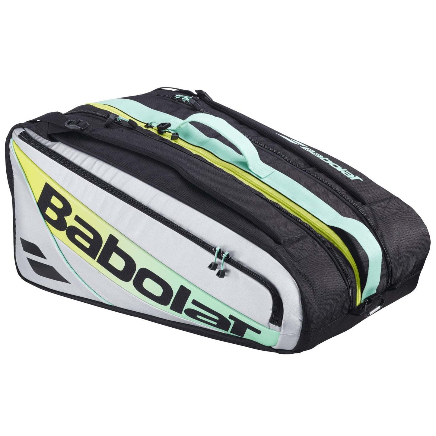 The Babolat RH Pro Padel Racket Bag - Black / Multi features multiple zippered compartments, including an insulated racket section, bold Babolat logo, and large capacity to keep your gear organized and protected.