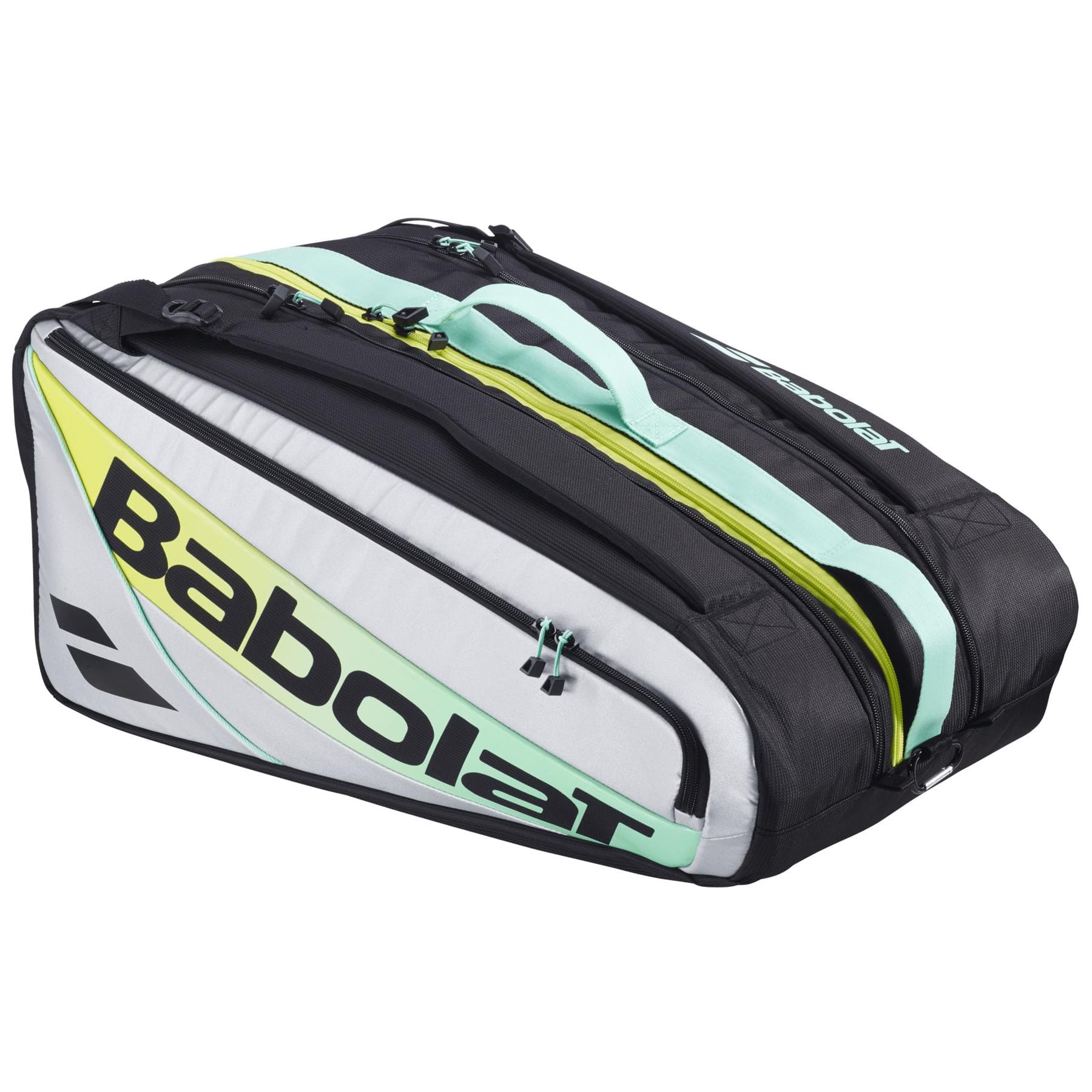The Babolat RH Pro Padel Racket Bag - Black / Multi features multiple zippered compartments, including an insulated racket section, bold Babolat logo, and large capacity to keep your gear organized and protected.