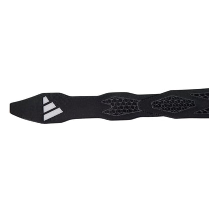 A close-up of the ADIDAS Antishock Padel Racket Protector Tape in black shows a high-quality strap featuring the adidas logo and three iconic white diagonal stripes. The honeycomb texture highlights its quality and design.