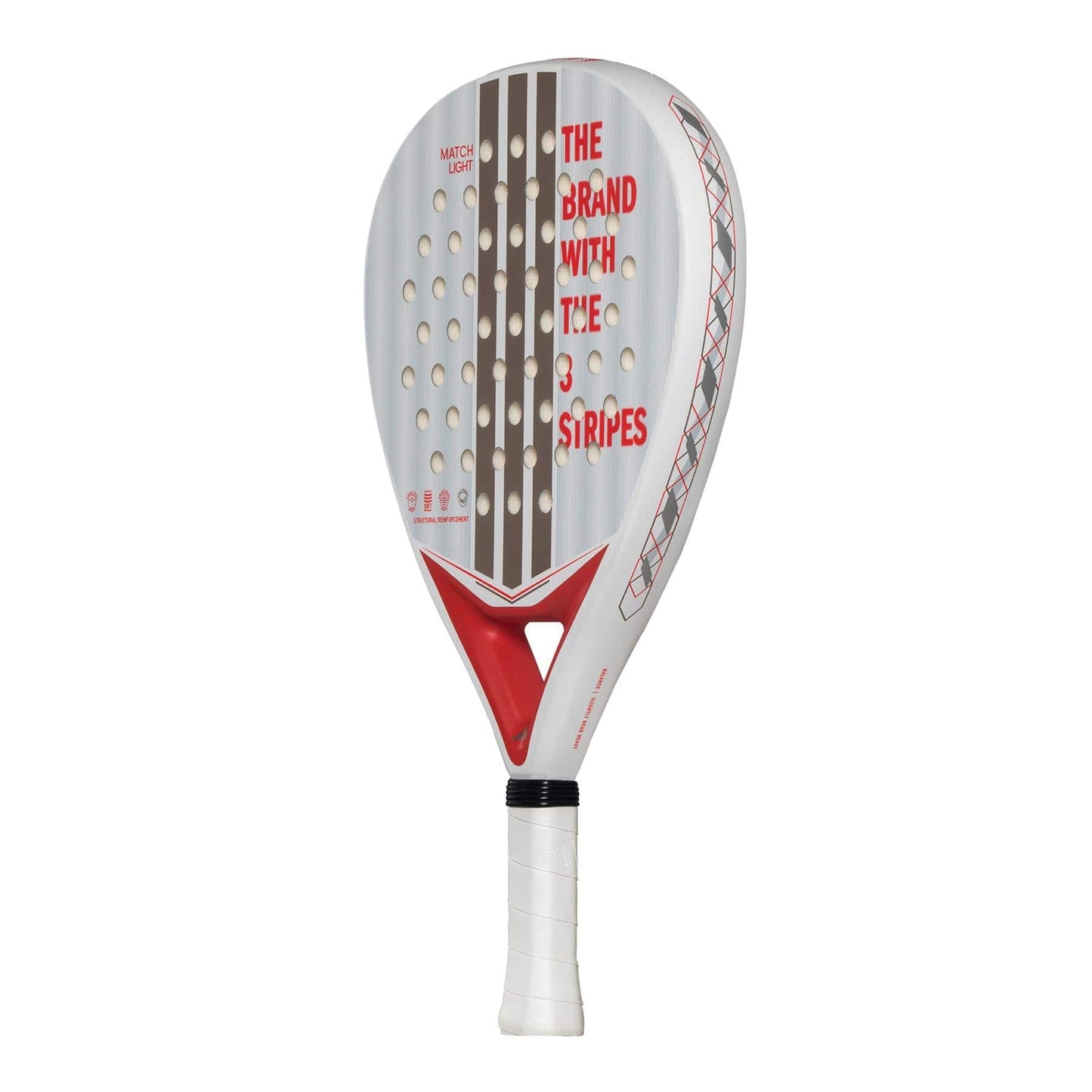 The adidas Match Light 3.4 Padel Racket is white with brown stripes, red details, and "THE BRAND WITH THE 3 STRIPES" in red. It has a black-grip handle and round holes, making it ideal for beginners.