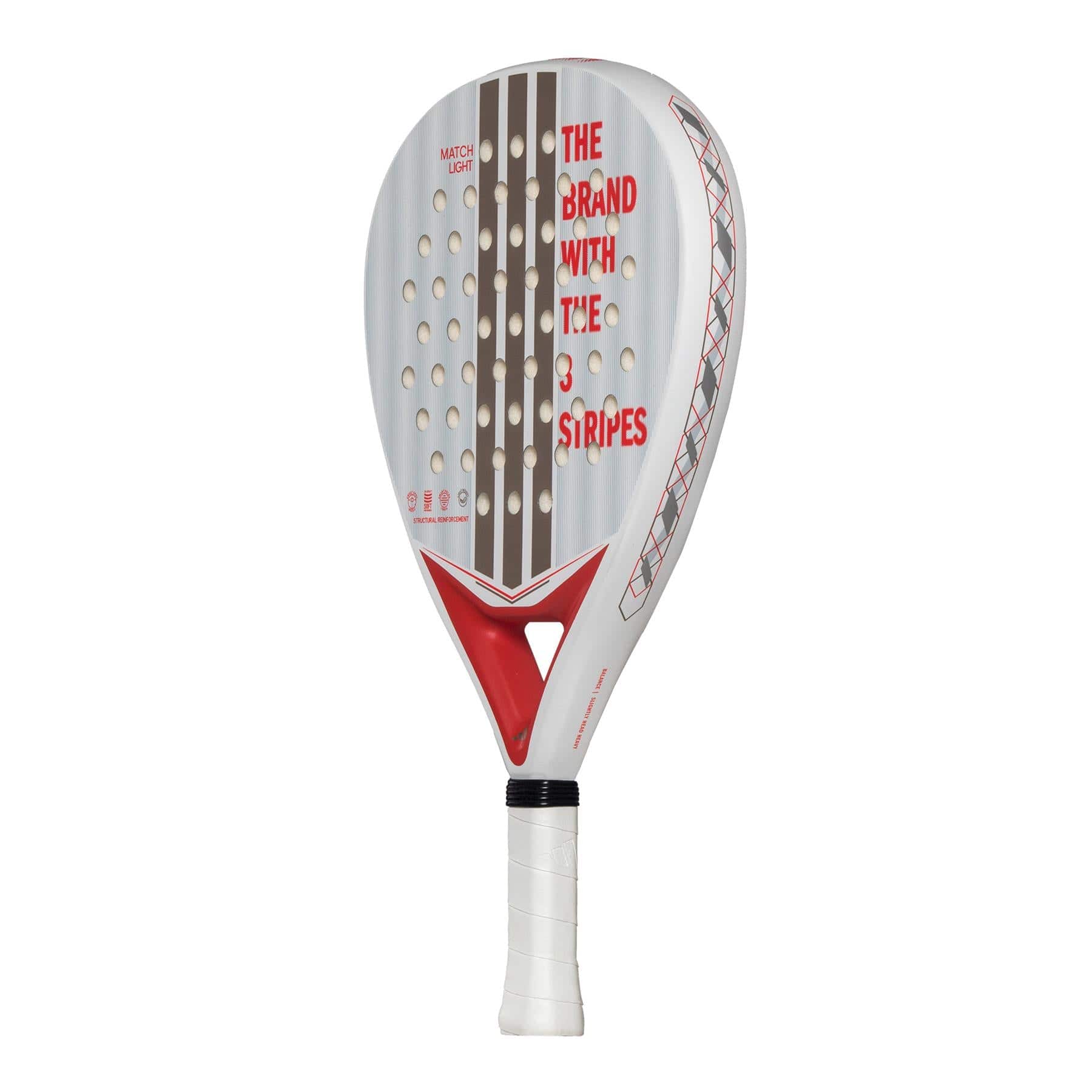 The adidas Match Light 3.4 Padel Racket is white with brown stripes, red details, and "THE BRAND WITH THE 3 STRIPES" in red. It has a black-grip handle and round holes, making it ideal for beginners.
