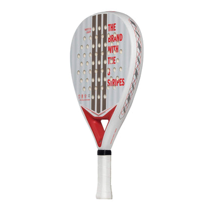 The adidas Match Light 3.4 Padel Racket is white with brown stripes, red details, and "THE BRAND WITH THE 3 STRIPES" in red. It has a black-grip handle and round holes, making it ideal for beginners.