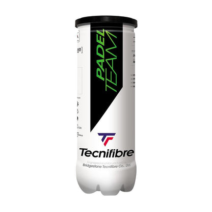 A cylindrical can of Tecnifibre Padel Team Padel Balls - 3 Ball Tube features a sleek white and black design with a green "PADEL TEAM" label like the Padel Tour, topped with the iconic Tecnifibre logo.