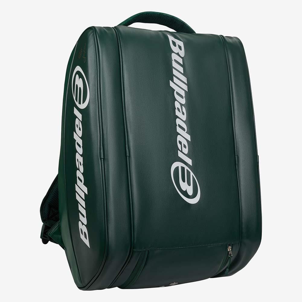 The Bullpadel BPP26023 Icon Padel Racket Bag - Green, inspired by Juan Martín Díaz, features white Bullpadel logos on the front and side, top handle, and zipper compartments. Shown against a plain white background.