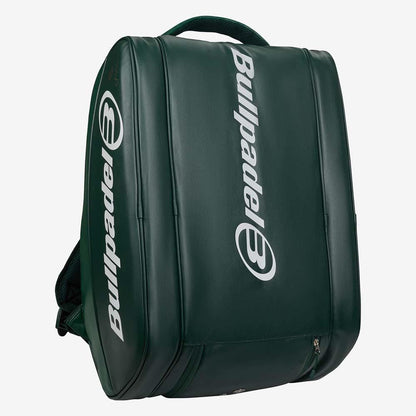 The Bullpadel BPP26023 Icon Padel Racket Bag - Green, inspired by Juan Martín Díaz, features white Bullpadel logos on the front and side, top handle, and zipper compartments. Shown against a plain white background.