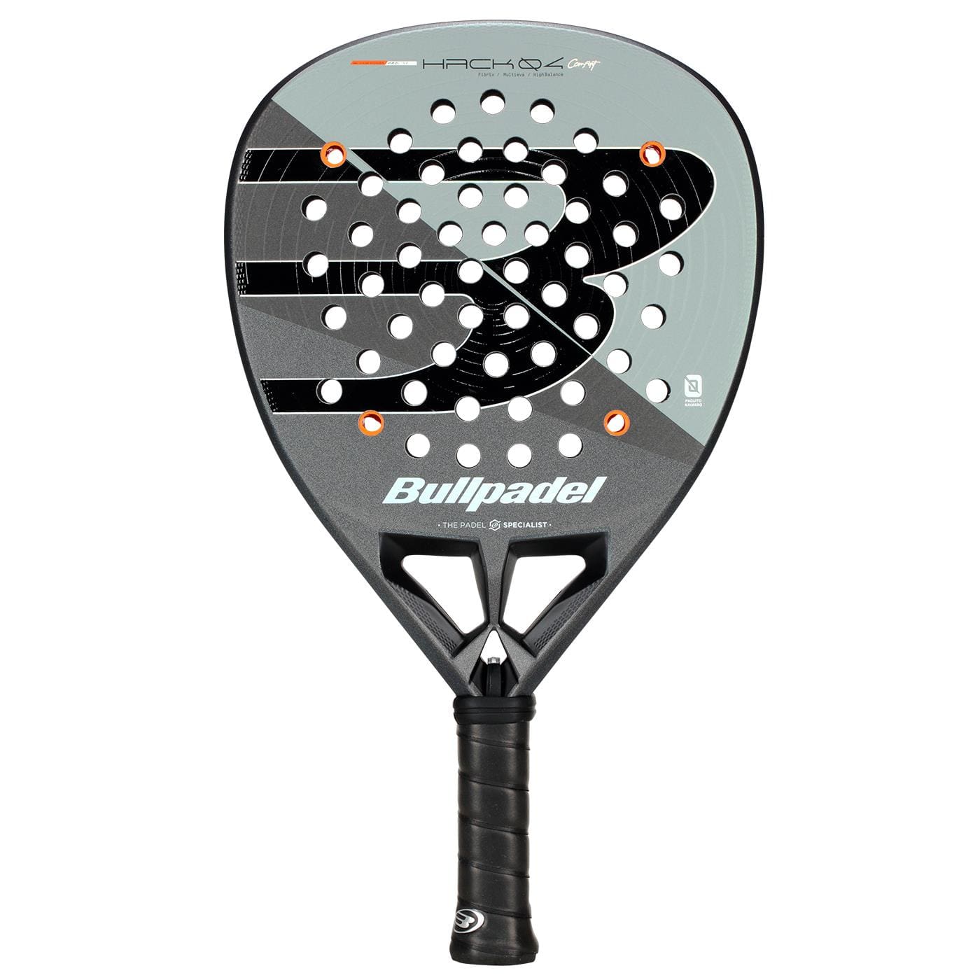 The Bullpadel HACK 04 Comfort 2026 Padel Racket features a black and gray design with perforated holes, a textured surface, Air React Channel for power and control, the Bullpadel logo on the face, and a black grip tape handle.