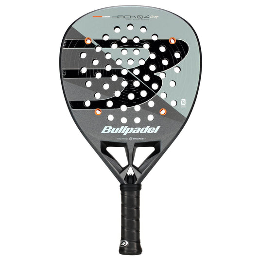 The Bullpadel HACK 04 Comfort 2026 Padel Racket features a black and gray design with perforated holes, a textured surface, Air React Channel for power and control, the Bullpadel logo on the face, and a black grip tape handle.