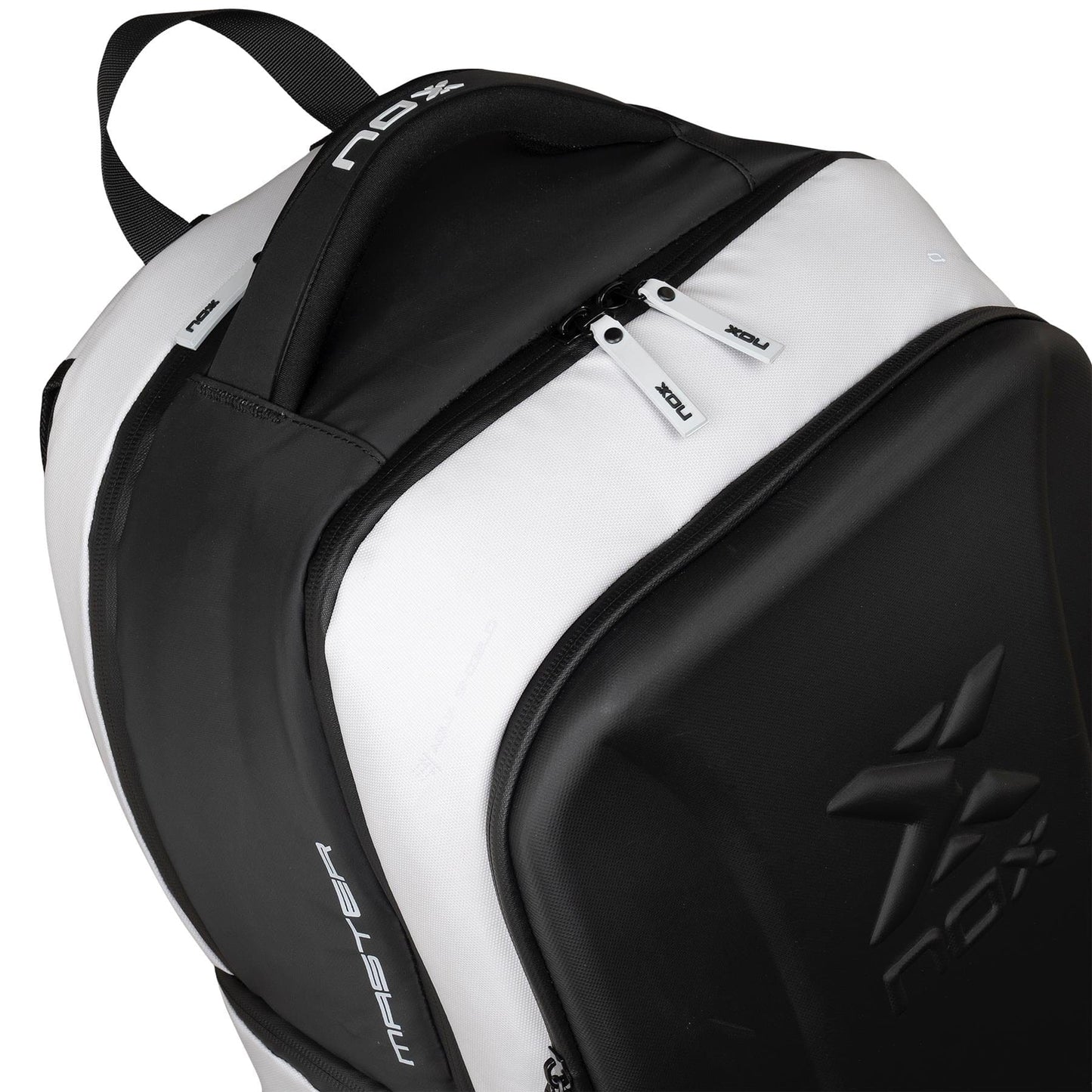 Close-up of the NOX Luxury Master Series Padel Backpack - Black / White, showcasing its top section with dual zippers, sturdy carry handle, and bold NOX logo—ideal as a sleek sports backpack for padel enthusiasts.