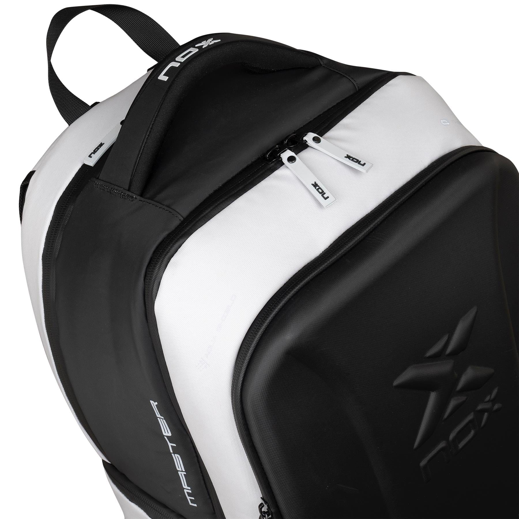 Close-up of the NOX Luxury Master Series Padel Backpack - Black / White, showcasing its top section with dual zippers, sturdy carry handle, and bold NOX logo—ideal as a sleek sports backpack for padel enthusiasts.