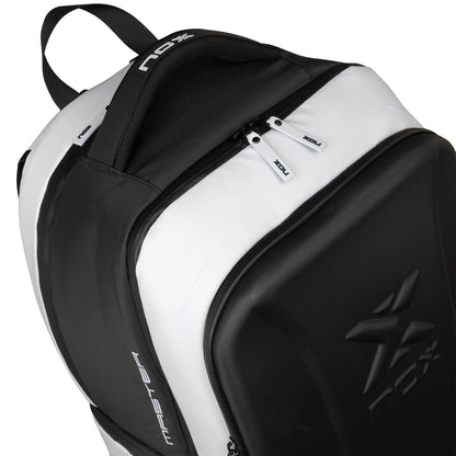 Close-up of the NOX Luxury Master Series Padel Backpack - Black / White, showcasing its top section with dual zippers, sturdy carry handle, and bold NOX logo—ideal as a sleek sports backpack for padel enthusiasts.