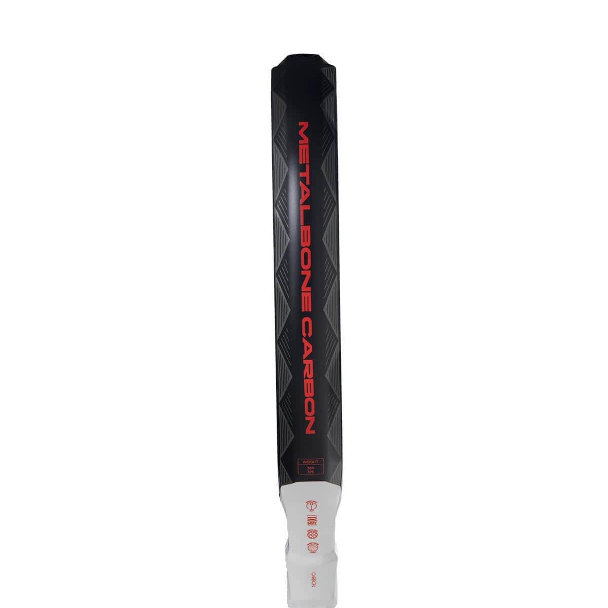 A close-up of the adidas Metalbone Carbon 3.4 padel racket handle shows bold red "METALBONE CARBON" lettering on a black and gray design with a white grip—ideal for advanced players seeking performance.