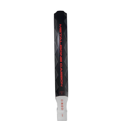 A close-up of the adidas Metalbone Carbon 3.4 padel racket handle shows bold red "METALBONE CARBON" lettering on a black and gray design with a white grip—ideal for advanced players seeking performance.