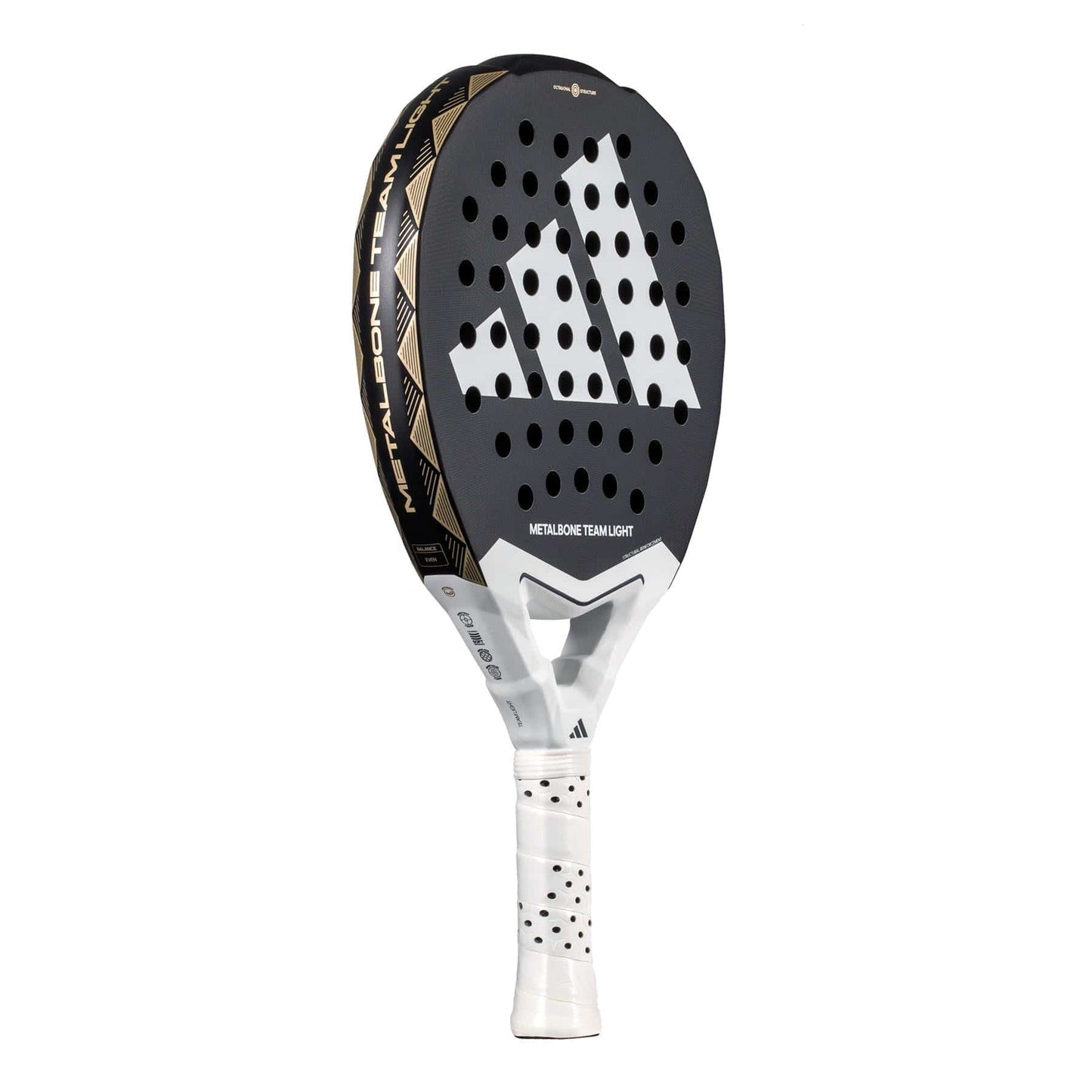 The adidas Metalbone Team Light 3.4 padel racket features a black and white design, large logo on the face, perforated holes, and a white grip handle. "METALBONE TEAM LIGHT" appears on the side; ideal for advanced players seeking a lightweight racket.
