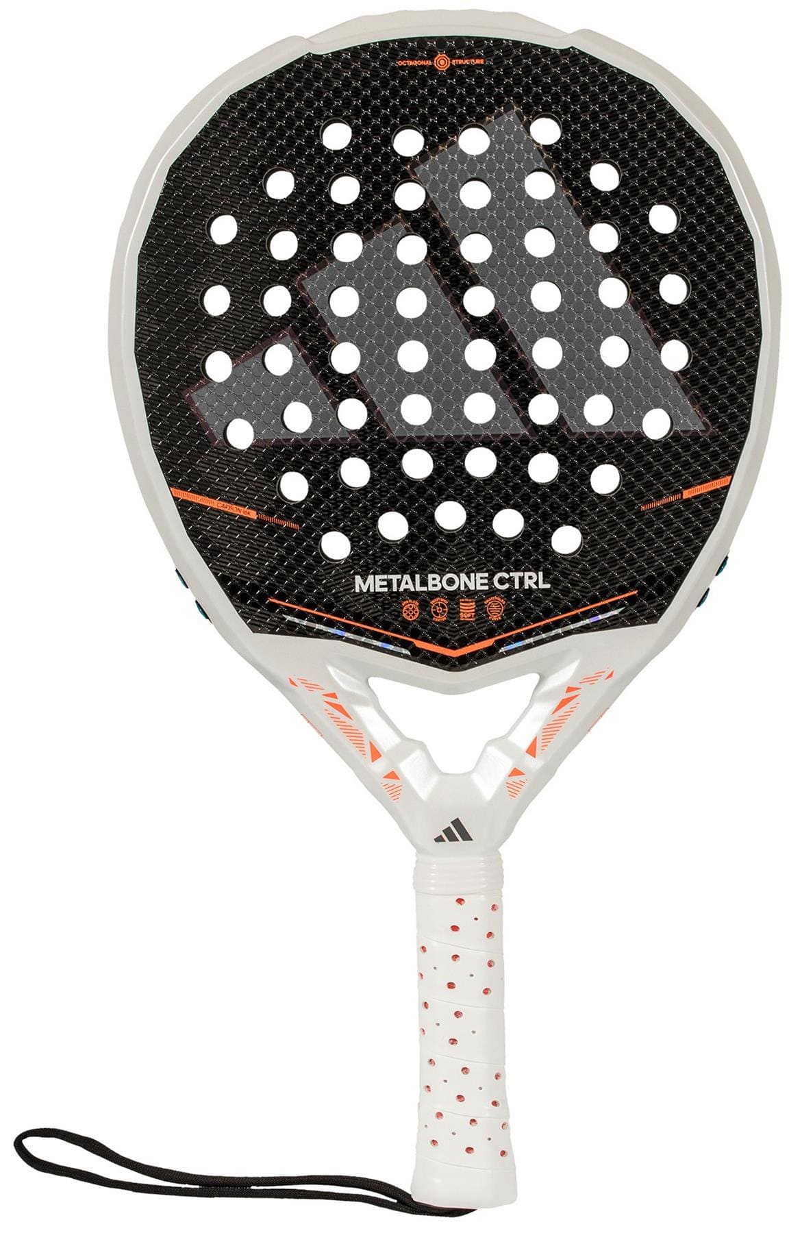 The adidas Metalbone Ctrl 2026 Padel Racket is black and white with hexagonal and circular holes, an adjustable weight system, a "METALBONE CTRL" label, a white handle with orange dots, and a wrist strap.
