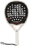 The adidas Metalbone Ctrl 2026 Padel Racket is black and white with hexagonal and circular holes, an adjustable weight system, a "METALBONE CTRL" label, a white handle with orange dots, and a wrist strap.