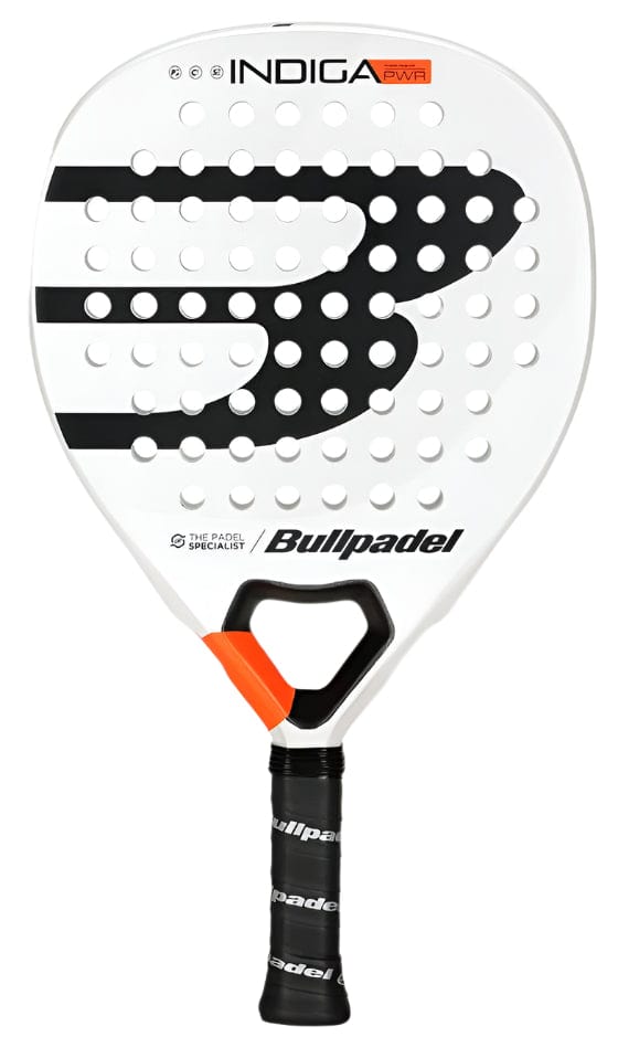 The Bullpadel Indiga Pwr 2025 padel racket features a white design with black and orange accents, a bold "B" logo, circular holes on the face, and an Indiga PWR label—ideal for players seeking high power.