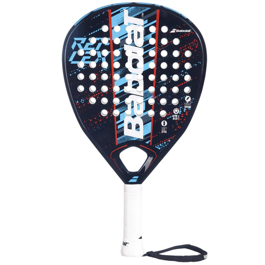 The Babolat Reflex Padel Racket features a diamond shape, dark blue and black design with red and blue accents, a white Babolat logo, white handle, and black wrist strap.