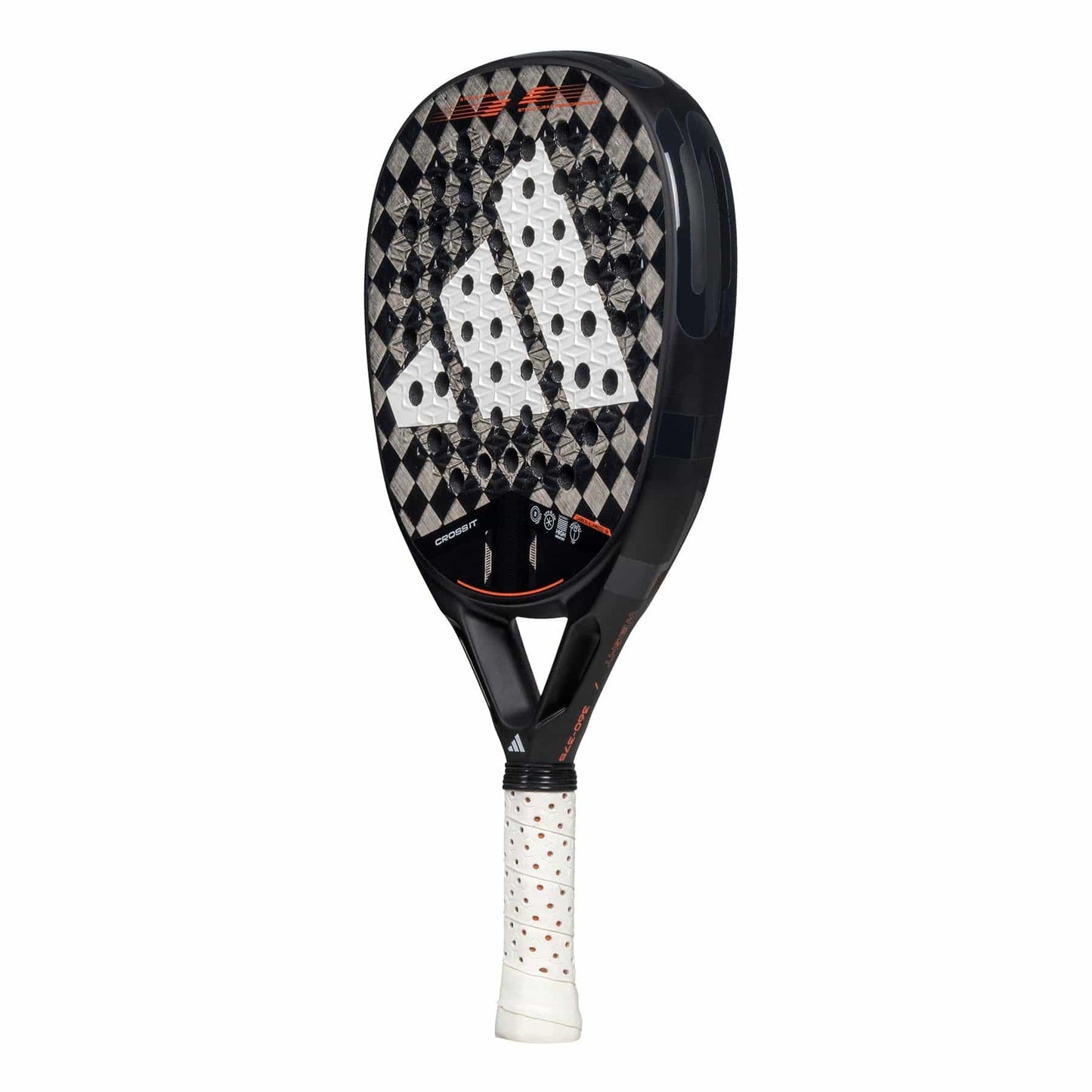 The adidas Cross It 3.4 Padel Racket is black with a Carbon 15K diamond-patterned face, large white adidas logo, perforated holes, and a white grip handle with red dots—designed for aggressive players.