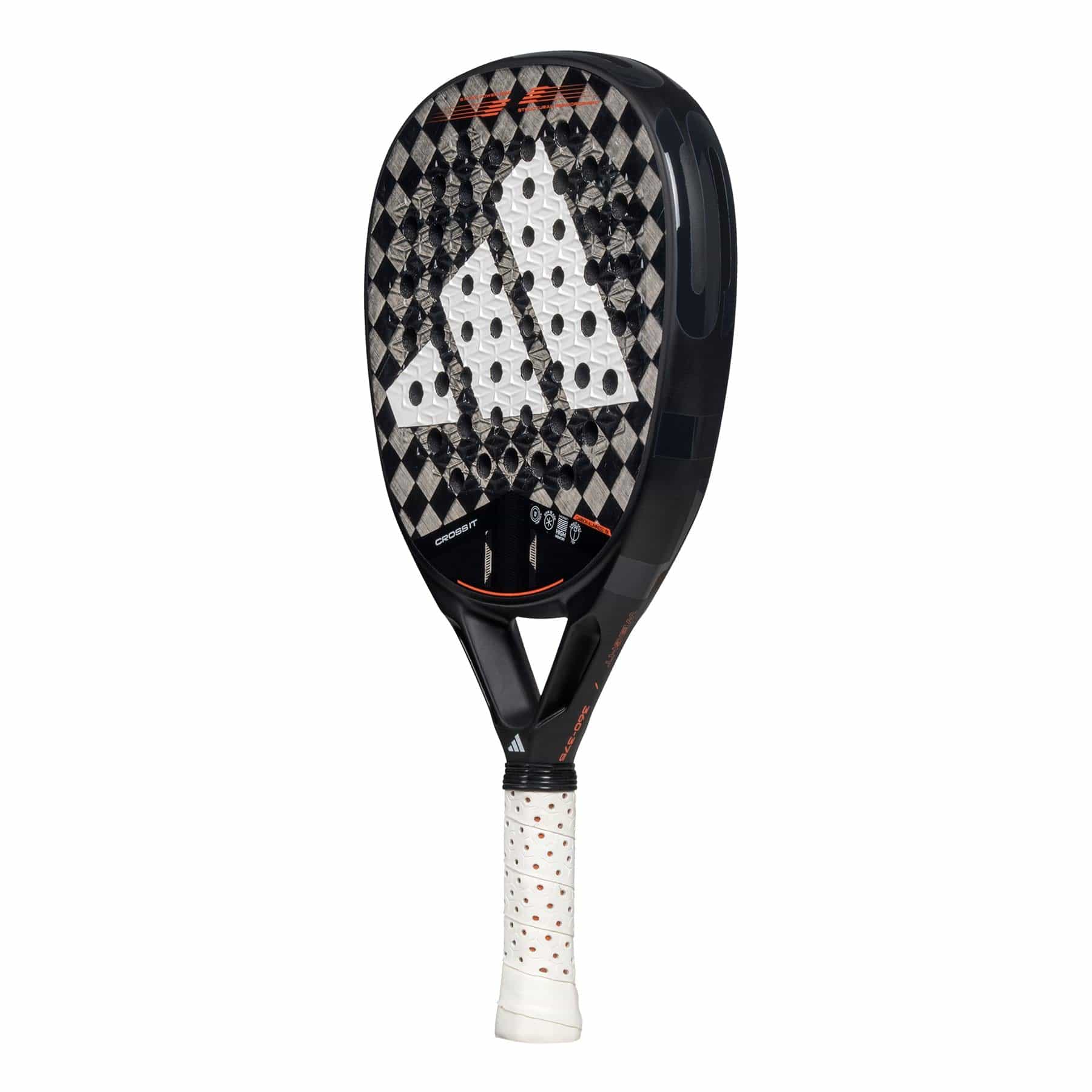 The adidas Cross It 3.4 Padel Racket is black with a Carbon 15K diamond-patterned face, large white adidas logo, perforated holes, and a white grip handle with red dots—designed for aggressive players.