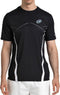 A man in a Bullpadel Cabore Men's Padel T-Shirt - Black from Bullpadel, featuring quick-drying fabric, white accents, and a small blue logo, pairs it with white shorts while standing against a plain background.