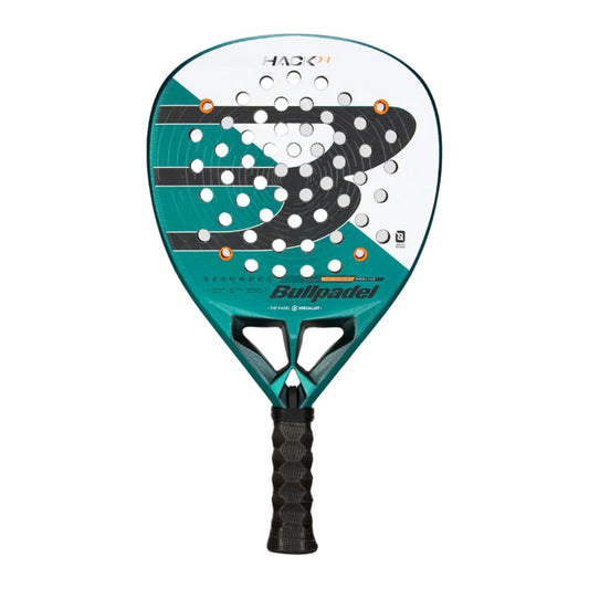 The Bullpadel Hack 04 2025 Padel Racket by Bullpadel features a green, white, and black design with multiple face holes and a textured black handle, delivering dynamic power on the court.