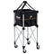 Discover the HEAD Padel Ball Trolley, featuring a sleek silver metal frame with four wheels for easy maneuverability. This compact black folding tennis ball hopper includes a removable bag and handle for convenient transport and proudly carries the "HEAD" brand name.