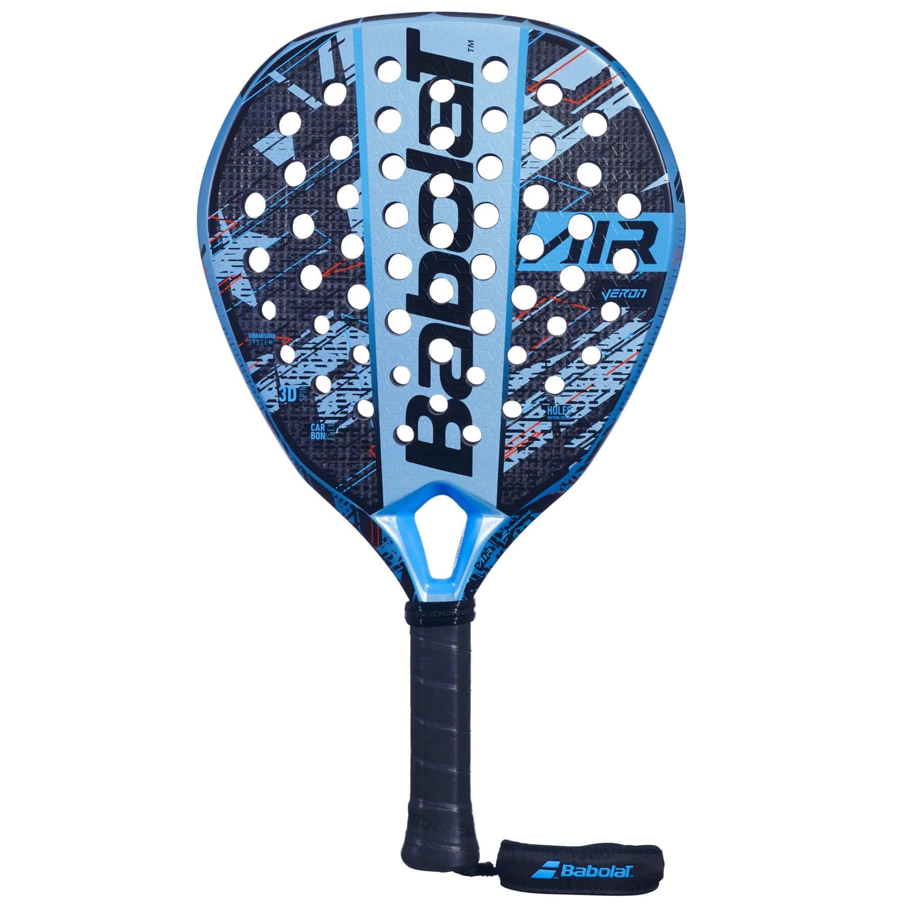 The Babolat Air Veron Padel Racket features a blue and black teardrop head, perforated face, white vertical "Babolat" logo, and a black grip with wrist strap—designed for dynamic power on court.