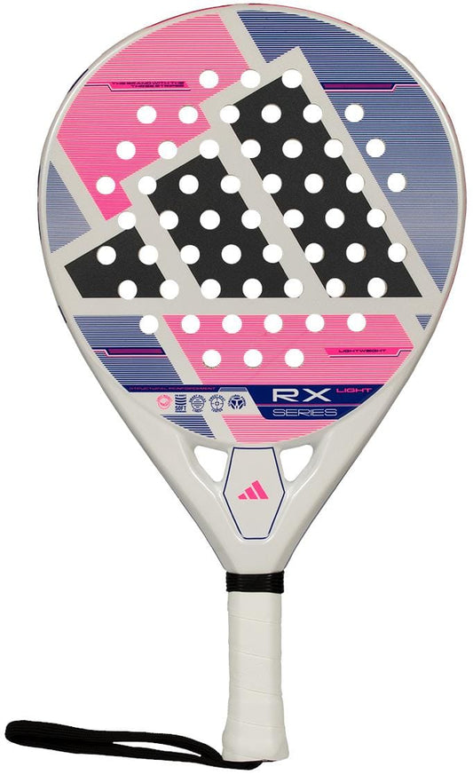 The adidas RX Series Light 2026 padel racket features pink, black, and purple geometric patterns with white polka dots, a white grip, and black wrist strap. "RX SERIES" text appears near the handle. Lightweight design by adidas.