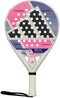 The adidas RX Series Light 2026 padel racket features pink, black, and purple geometric patterns with white polka dots, a white grip, and black wrist strap. "RX SERIES" text appears near the handle. Lightweight design by adidas.