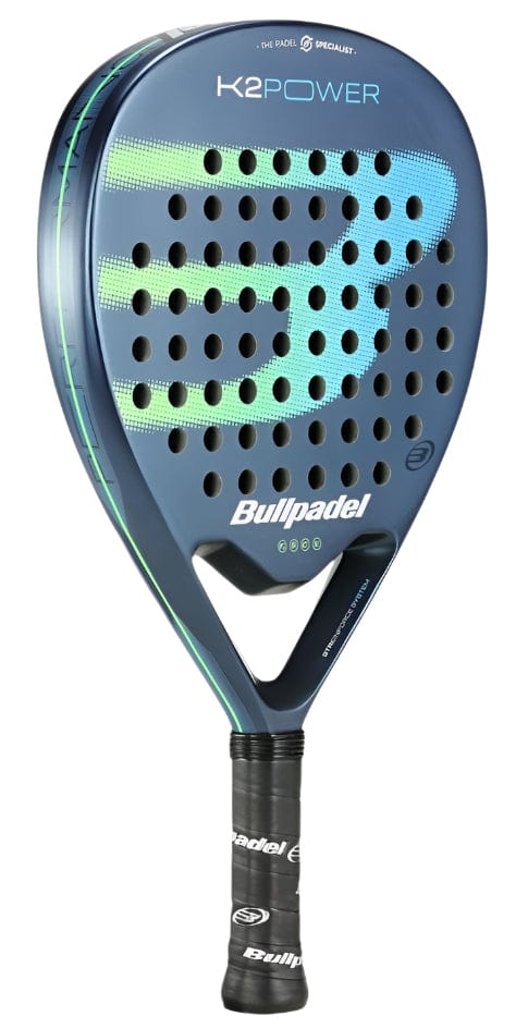 The Bullpadel K2 Power 2025 Padel Racket is a blue and black racket with a perforated face, signature Bullpadel logo, and black grip. Designed for players seeking power and control on the padel court.