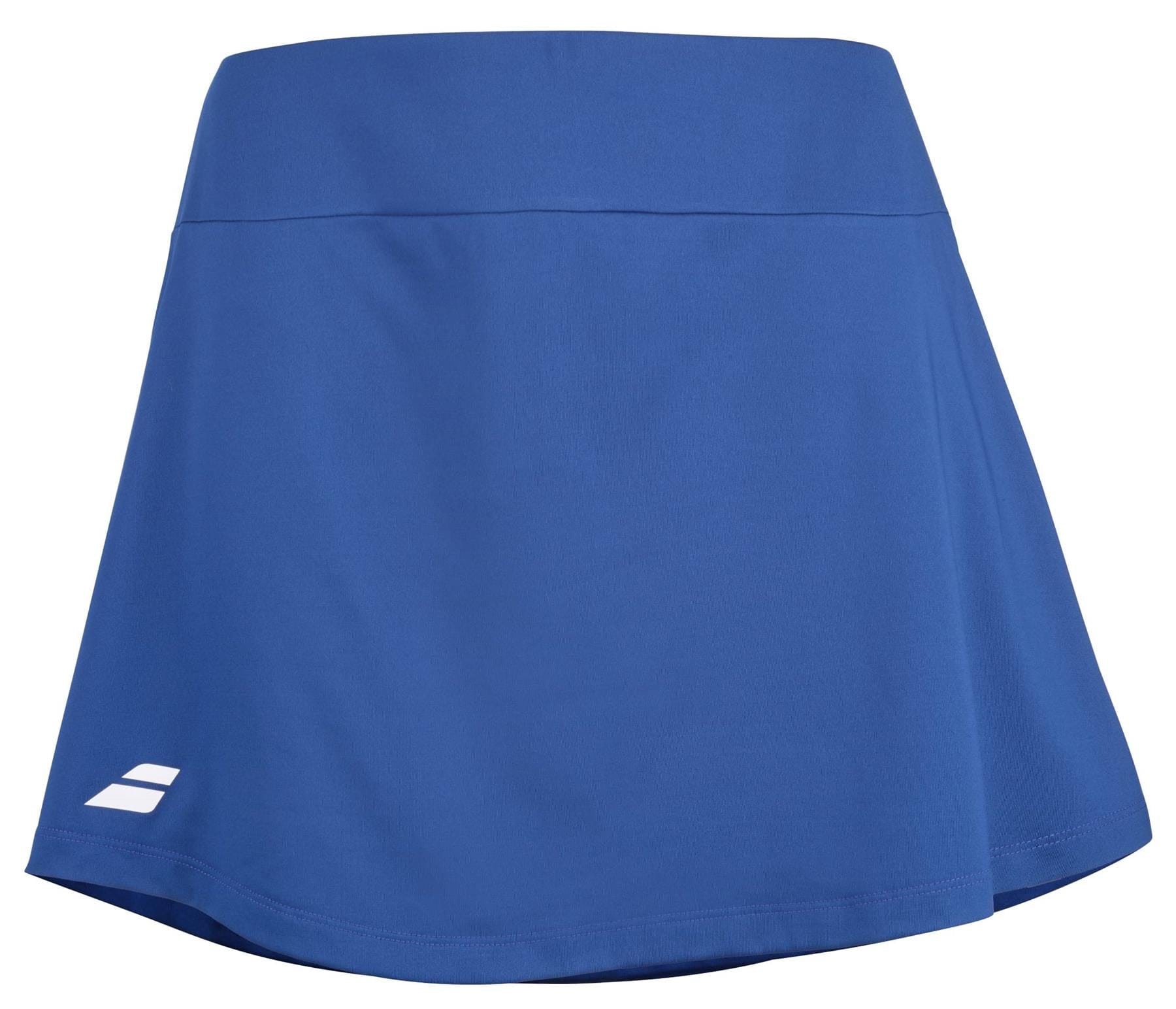 The Babolat Play Women's Padel Skirt in Sodalite Blue features a wide waistband and a small white logo on the lower left, offering comfort and dynamic movement for racket sports.