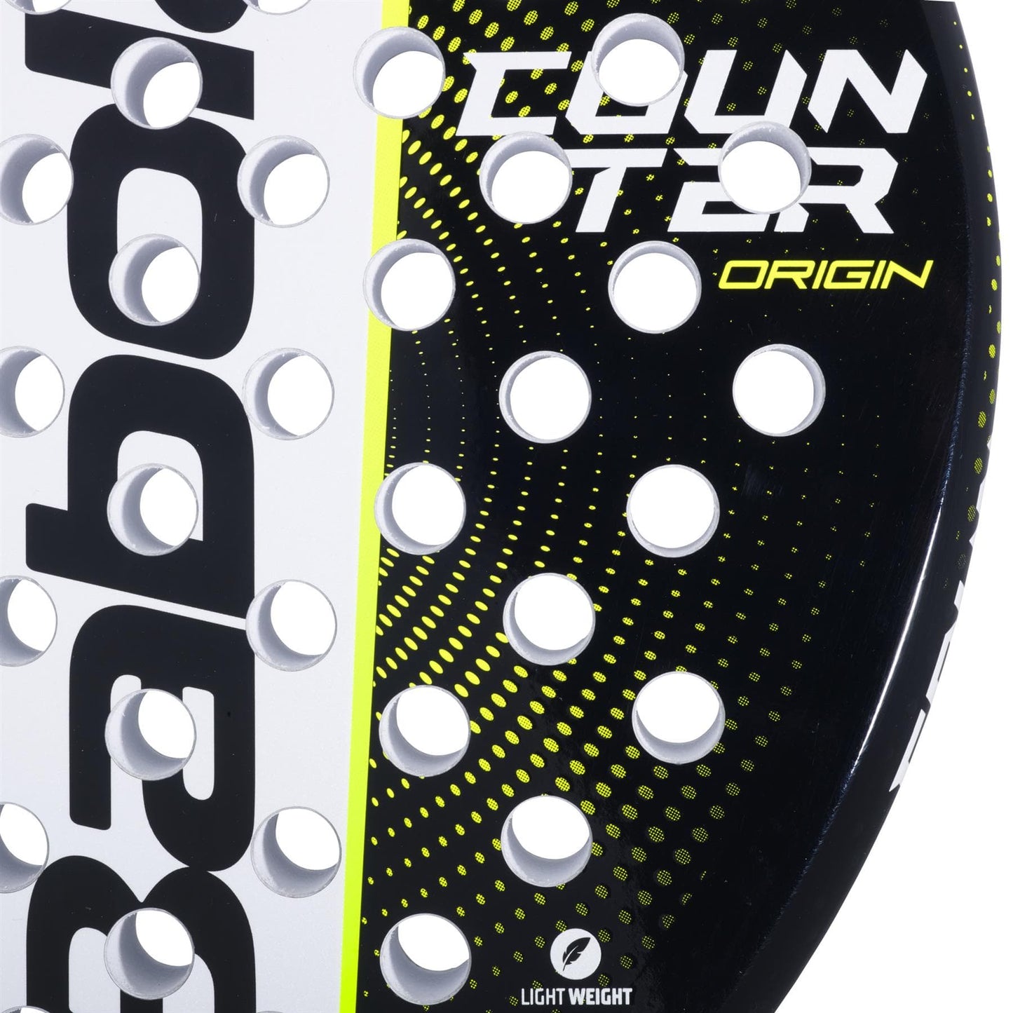 Close-up of the Babolat Counter Origin Padel Racket by Babolat, featuring circular holes, yellow accents, "COUNTER ORIGIN" text, a dotted pattern design, and a "LIGHT WEIGHT" icon at the bottom.