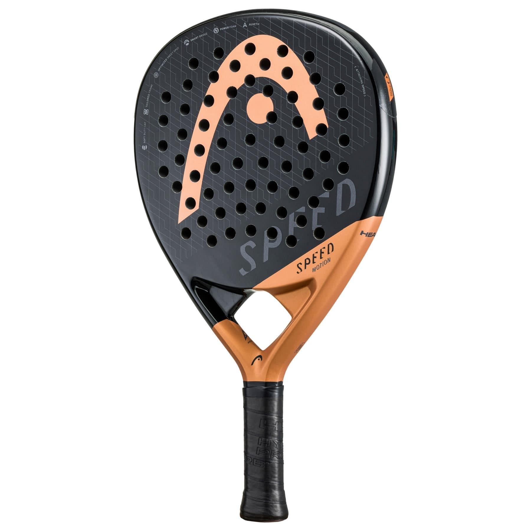 The HEAD Speed Motion 2023 Padel Racket by HEAD is an advanced black and orange racket featuring "SPEED" and the brand logo, Auxetic technology, a perforated surface, and a black grip handle.