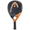 The HEAD Speed Motion 2023 Padel Racket by HEAD is an advanced black and orange racket featuring "SPEED" and the brand logo, Auxetic technology, a perforated surface, and a black grip handle.