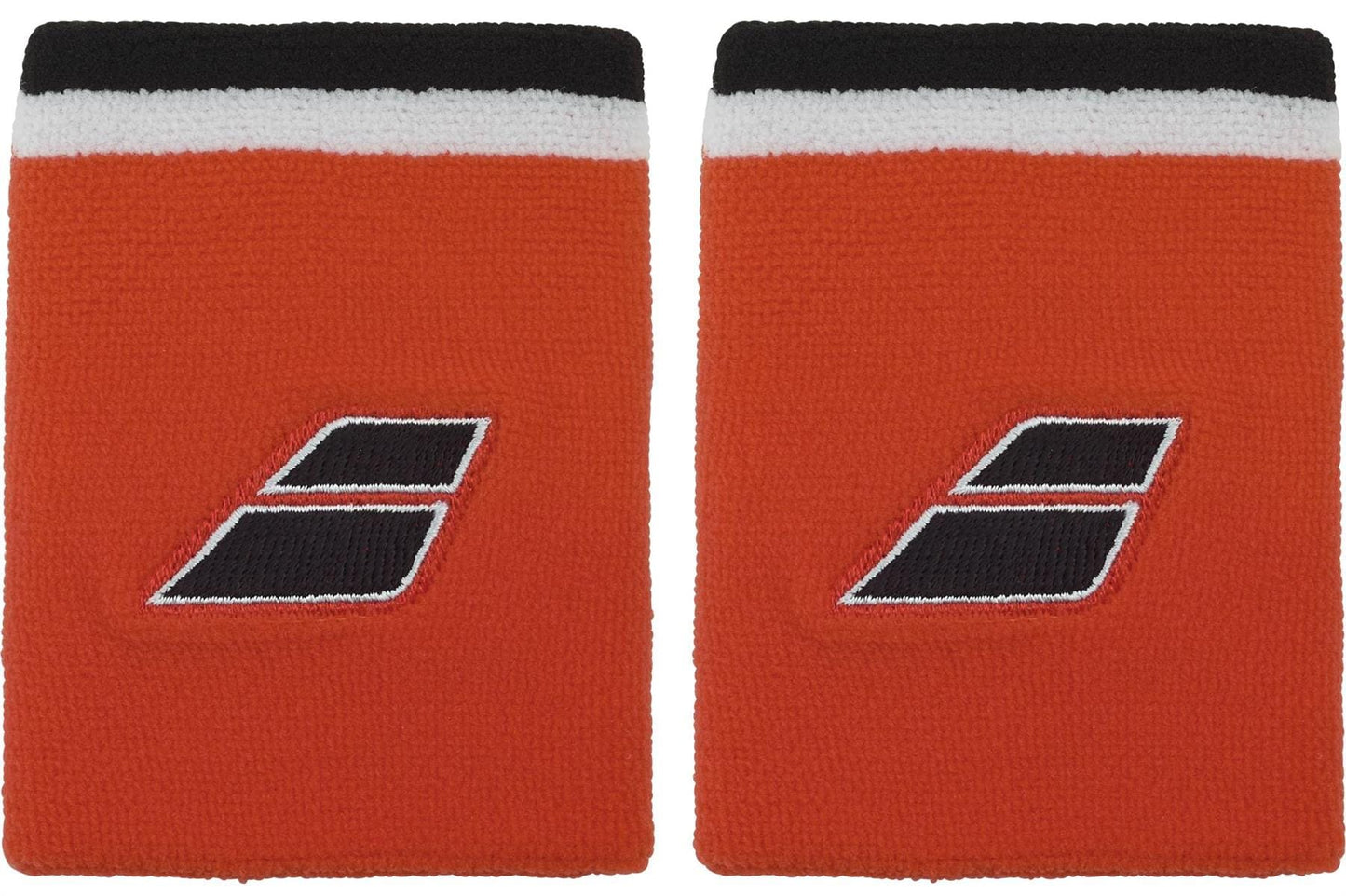 The Babolat Terry Jumbo Wristbands in Cherry Tomato, featuring black and white stripes and a bold logo, are perfect for absorbing sweat during intense matches.