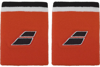 The Babolat Terry Jumbo Wristbands in Cherry Tomato, featuring black and white stripes and a bold logo, are perfect for absorbing sweat during intense matches.