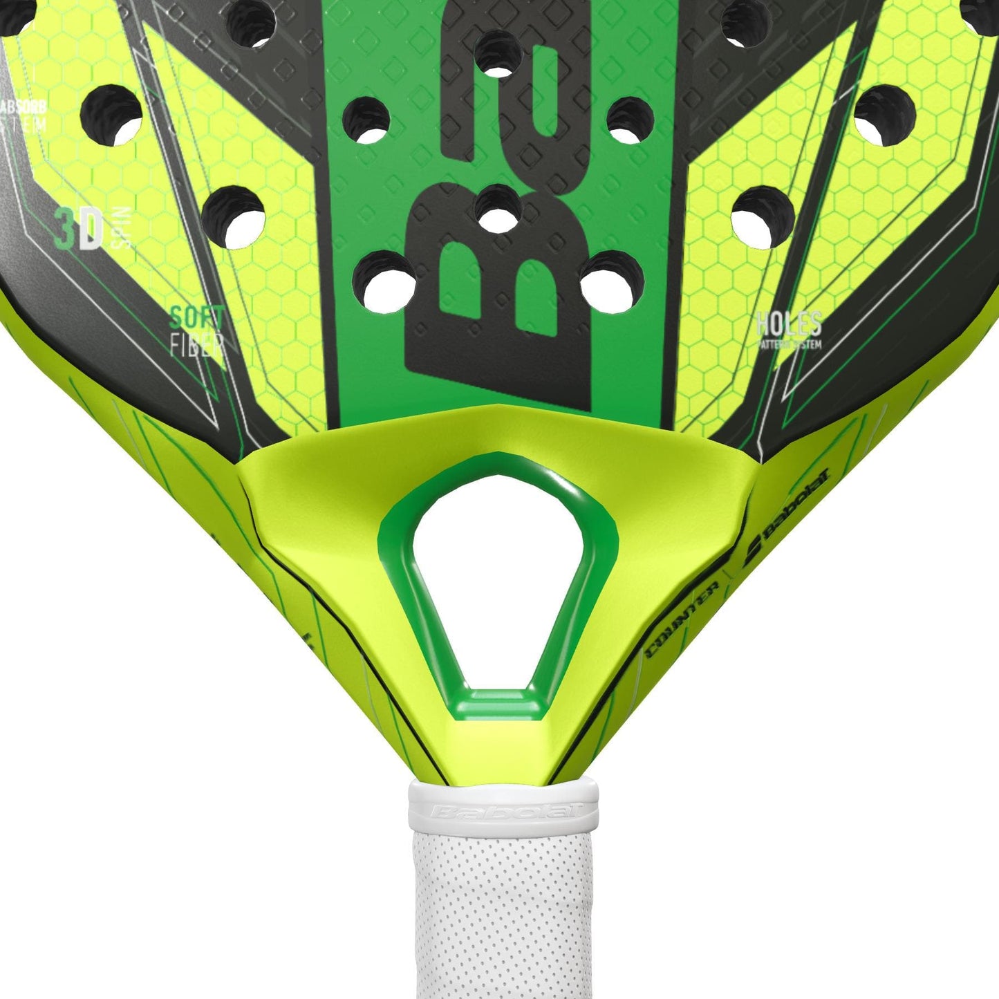 A close-up of the Babolat Counter Vertuo Padel Racket, engineered by Babolat for effortless power.